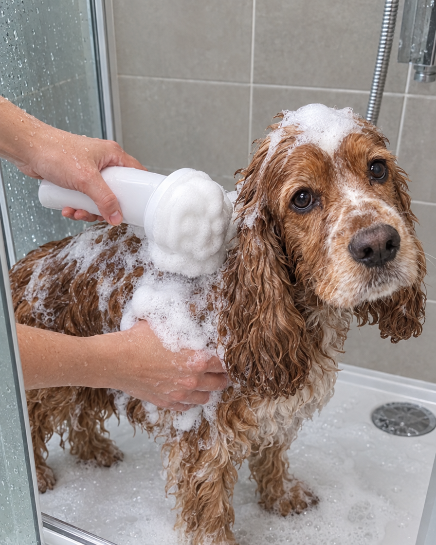 Bain moussant d'un cocker