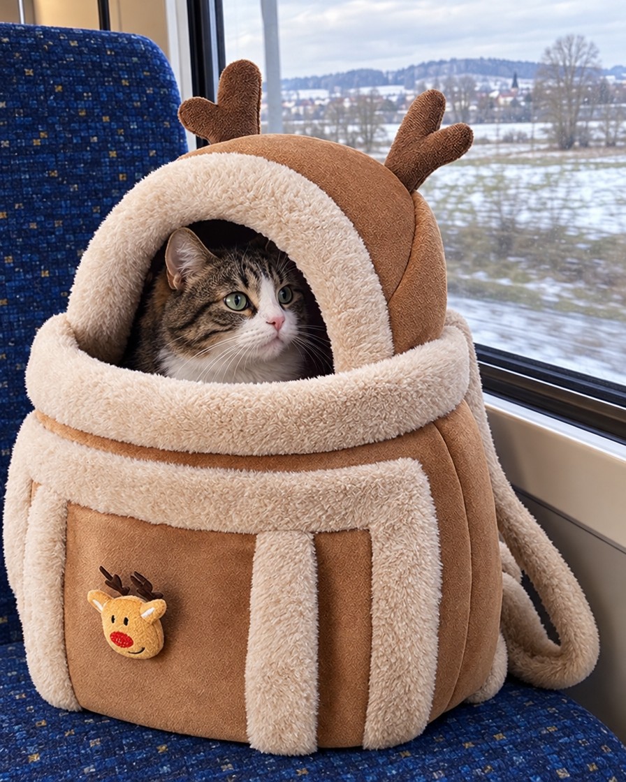 Voyage en train avec le sac à dos renne