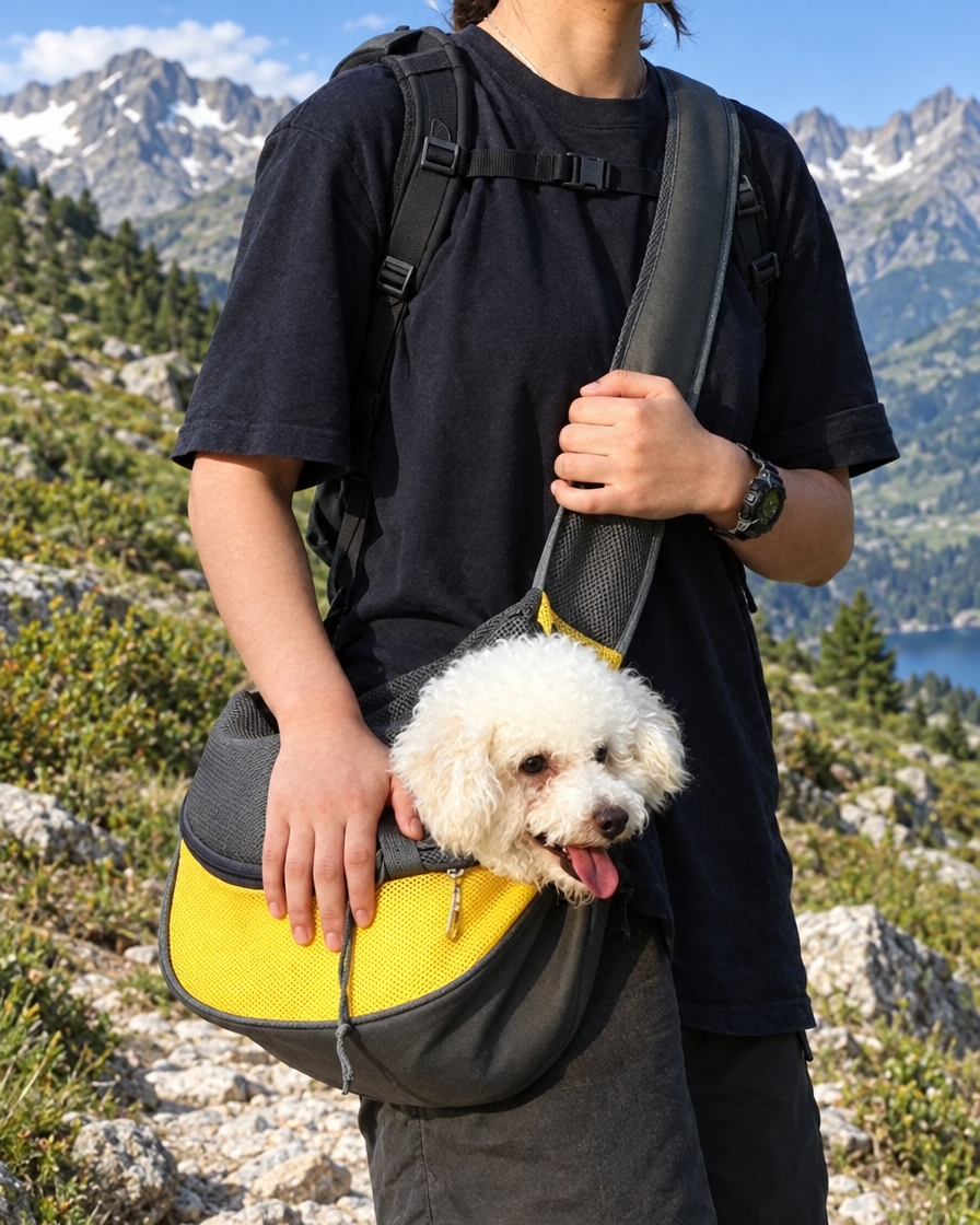Chiot en randonnée dans le sac bandoulière