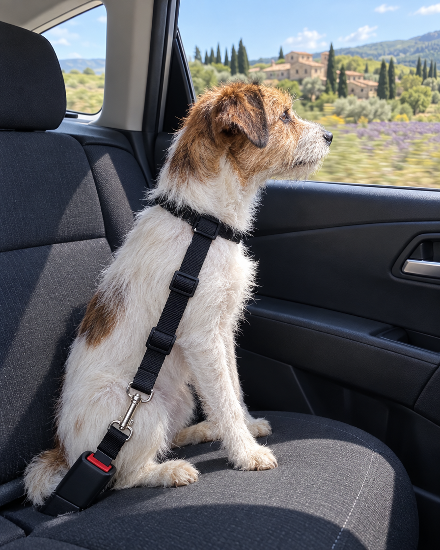 Terrier attaché en voiture en Provence