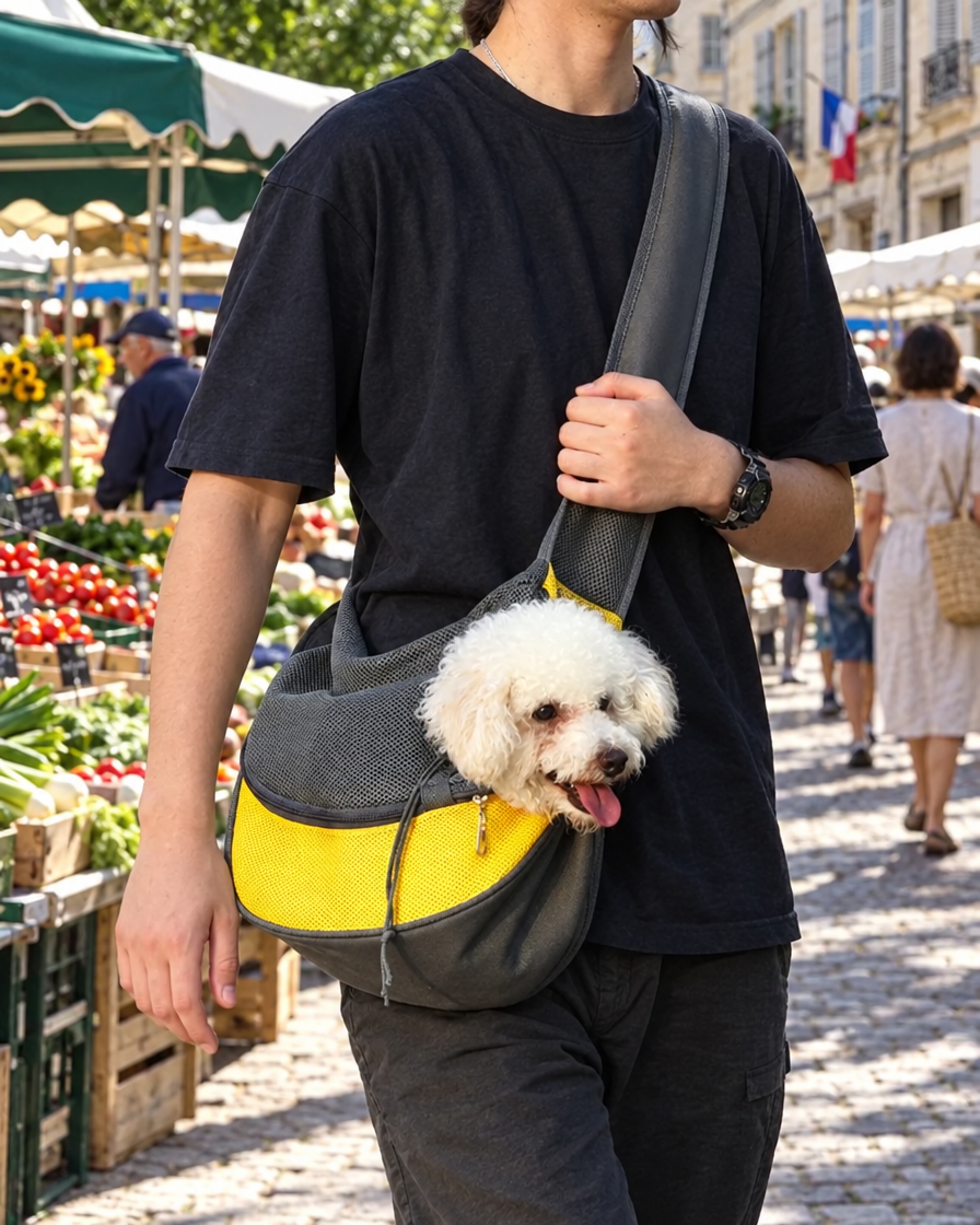 Petit chien porté en bandoulière au marché