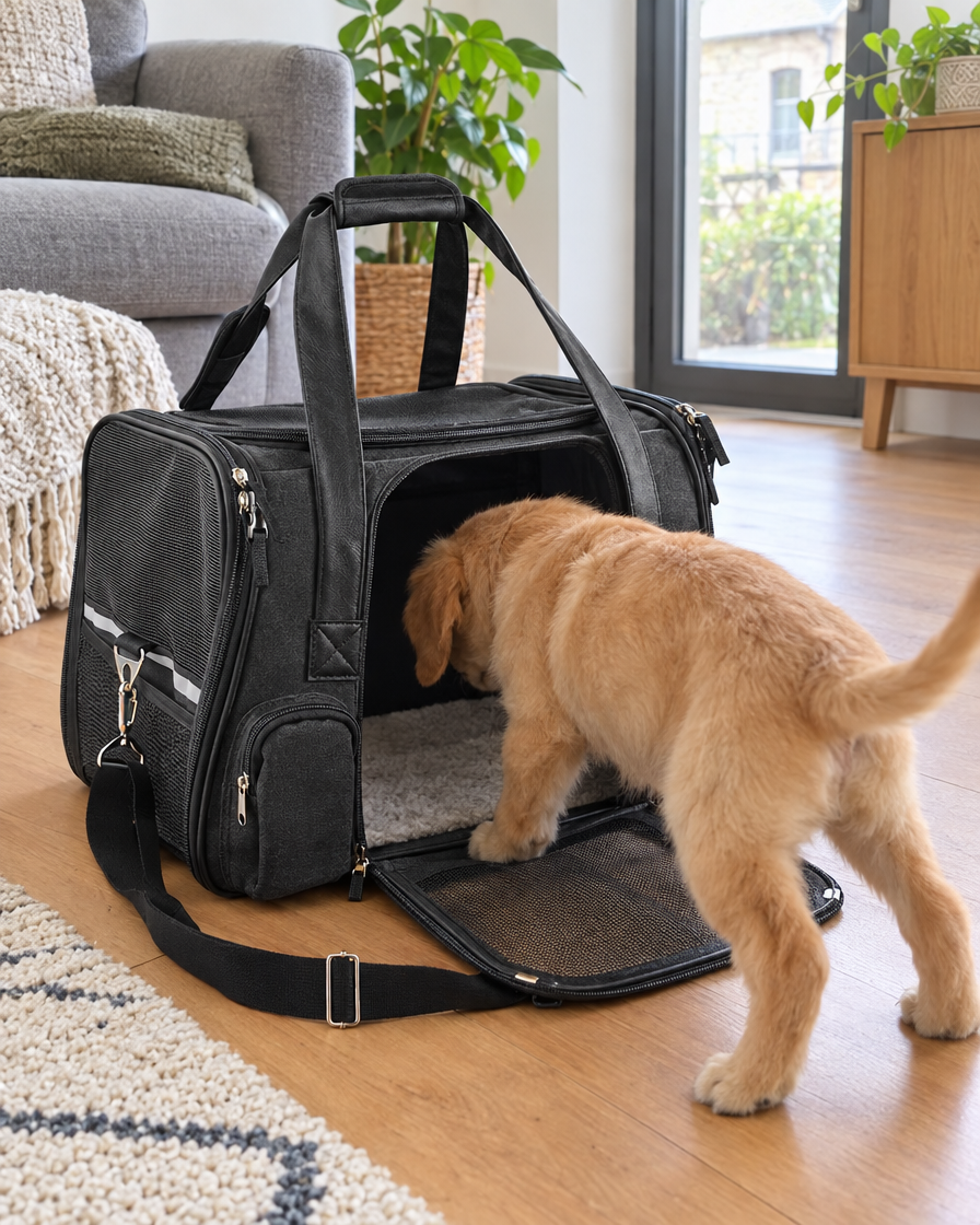 Chiot qui découvre son sac de transport