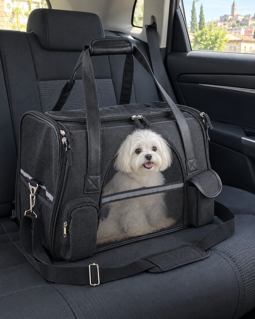 Bichon dans le sac de transport en voiture