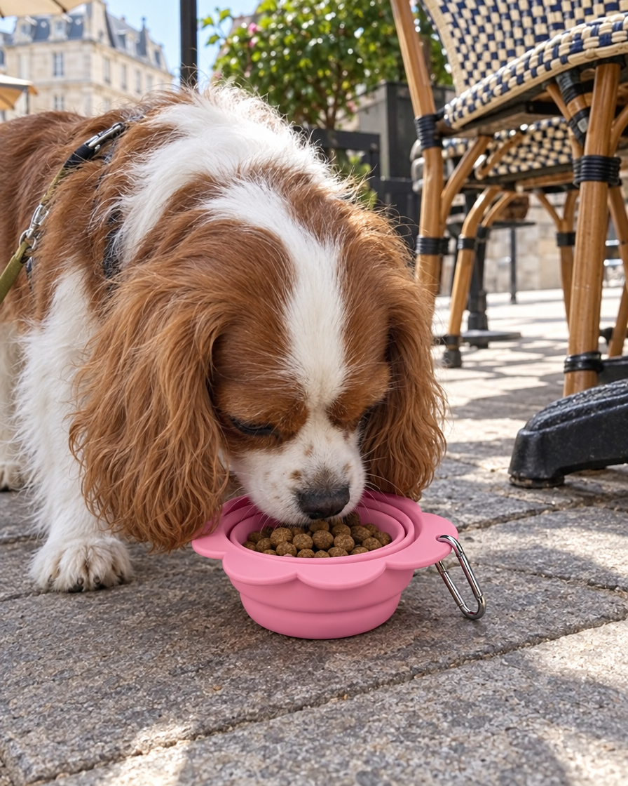 Petit chien qui mange en terrasse