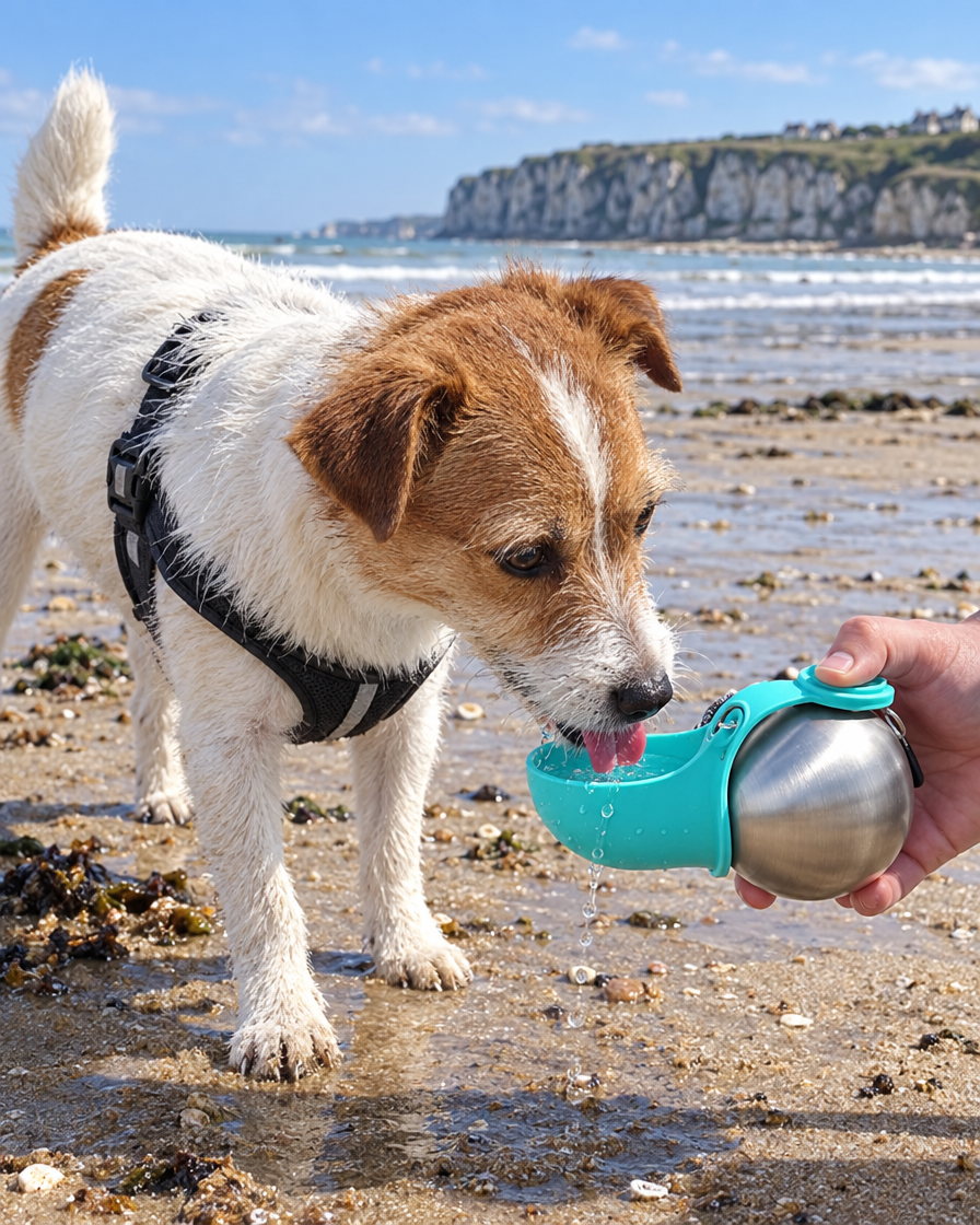 Jack russell qui boit à la plage