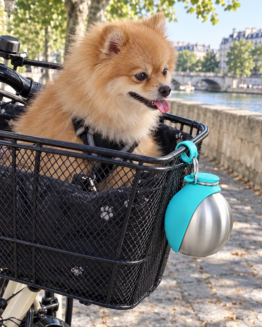 Gourde accrochée au panier du vélo