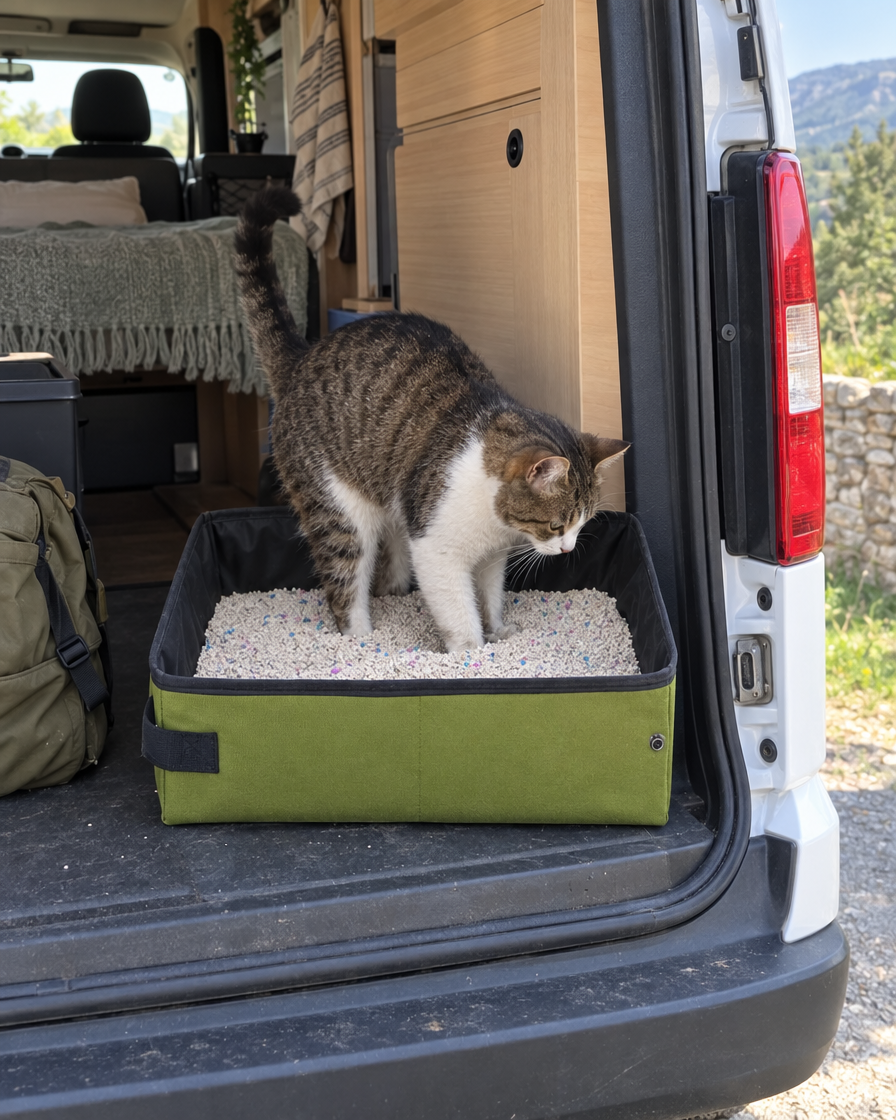 Chat qui utilise la litière dans un van