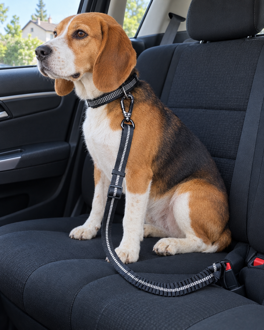 Beagle attaché sur la banquette arrière