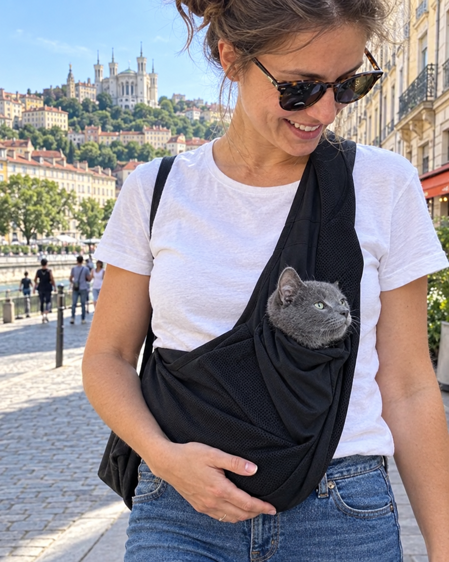 Chaton porté en bandoulière à Lyon