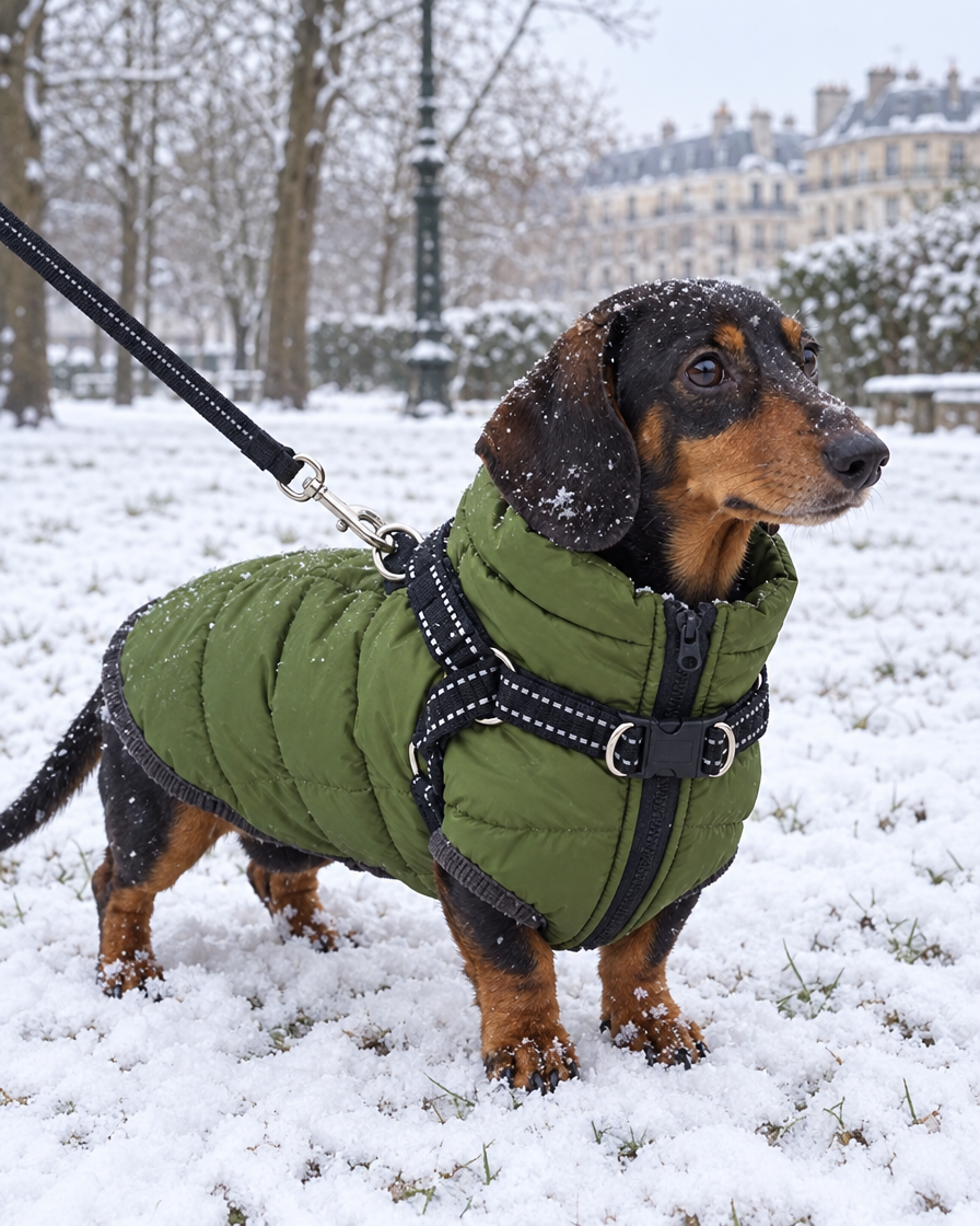 Teckel en manteau dans la neige