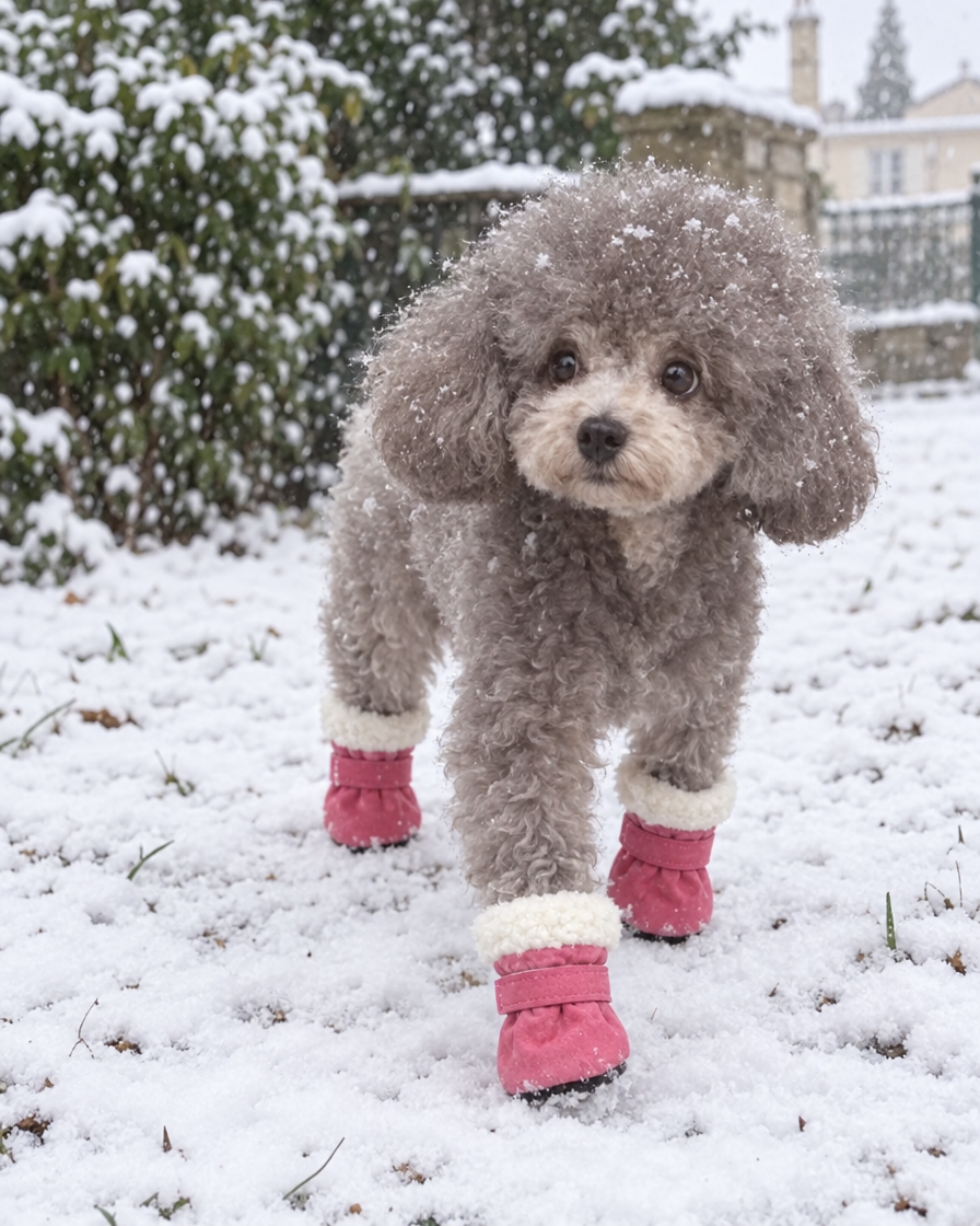 Caniche toy en bottines dans la neige
