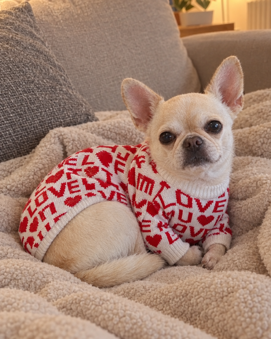 Chihuahua en pull sur le canapé