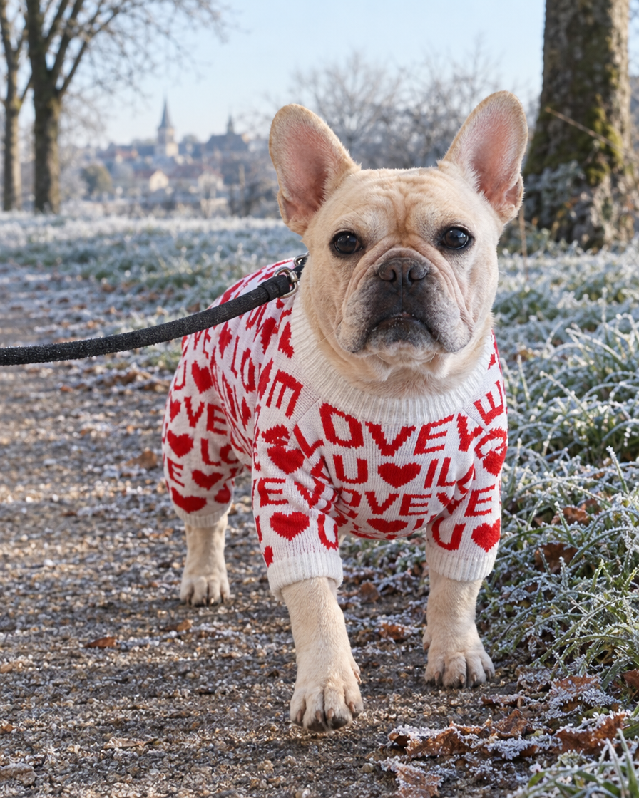 Bouledogue français en pull rouge