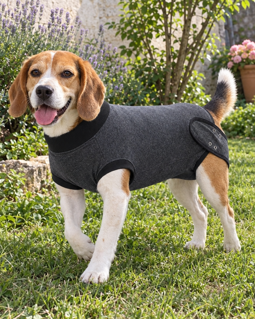 Beagle en body de convalescence au jardin