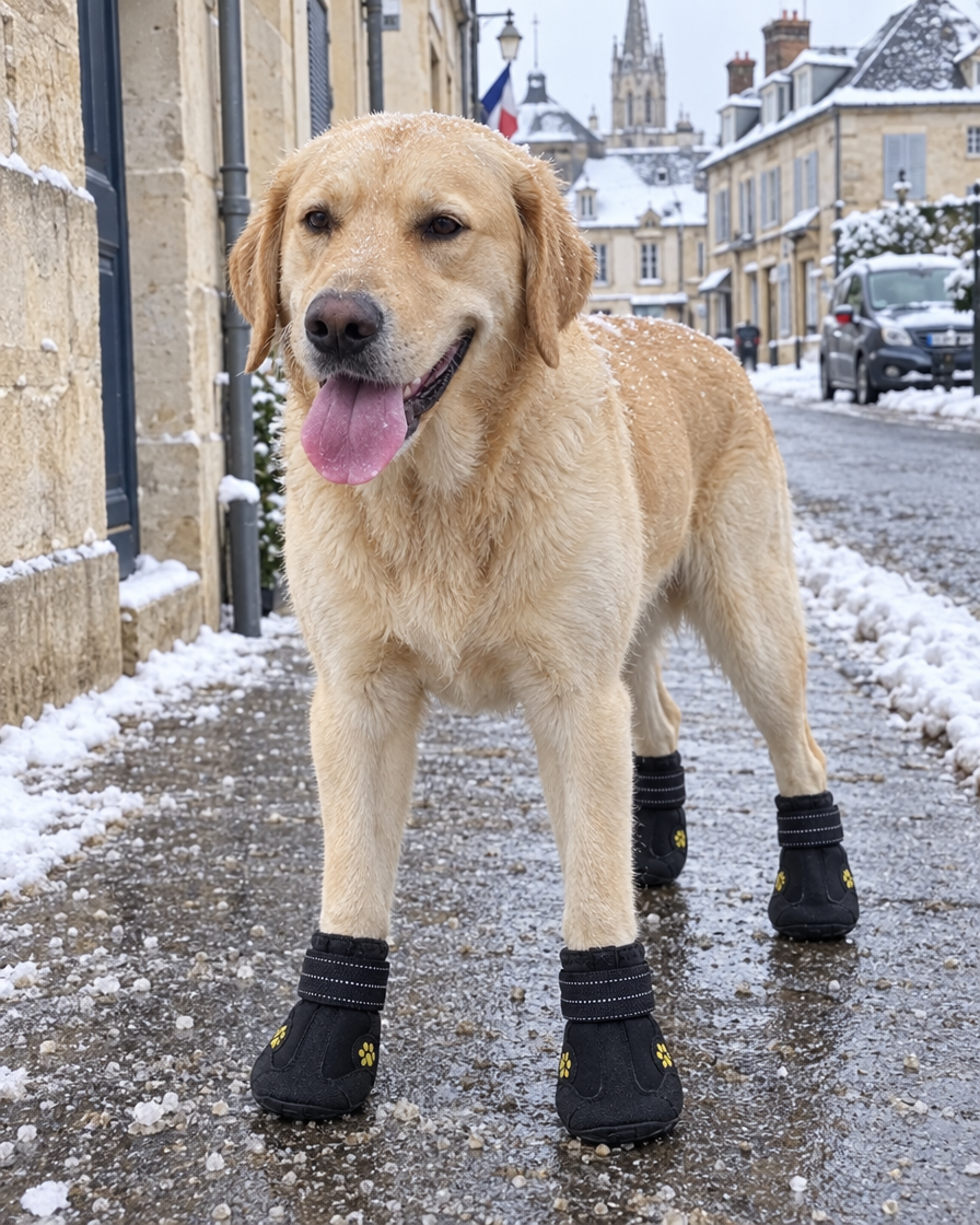 Labrador en bottes sur un trottoir salé