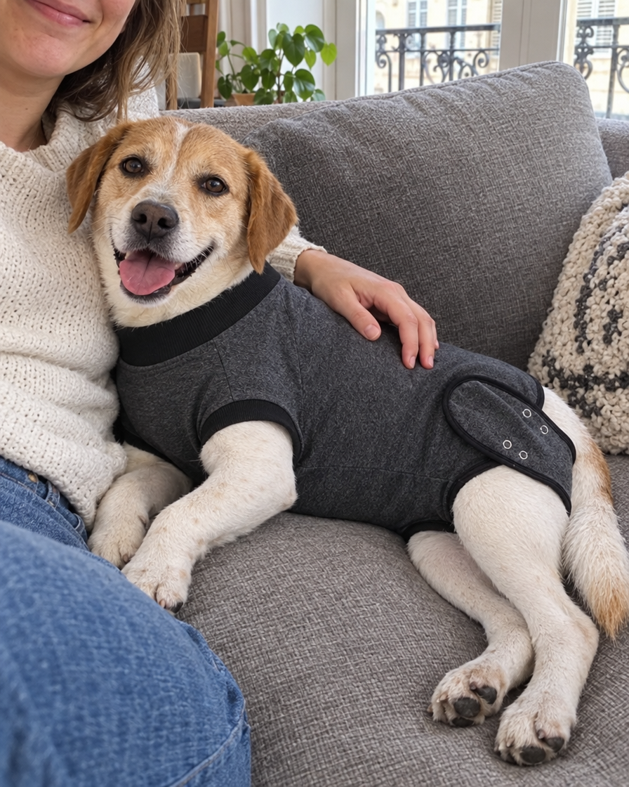 Petit chien en body sur le canapé