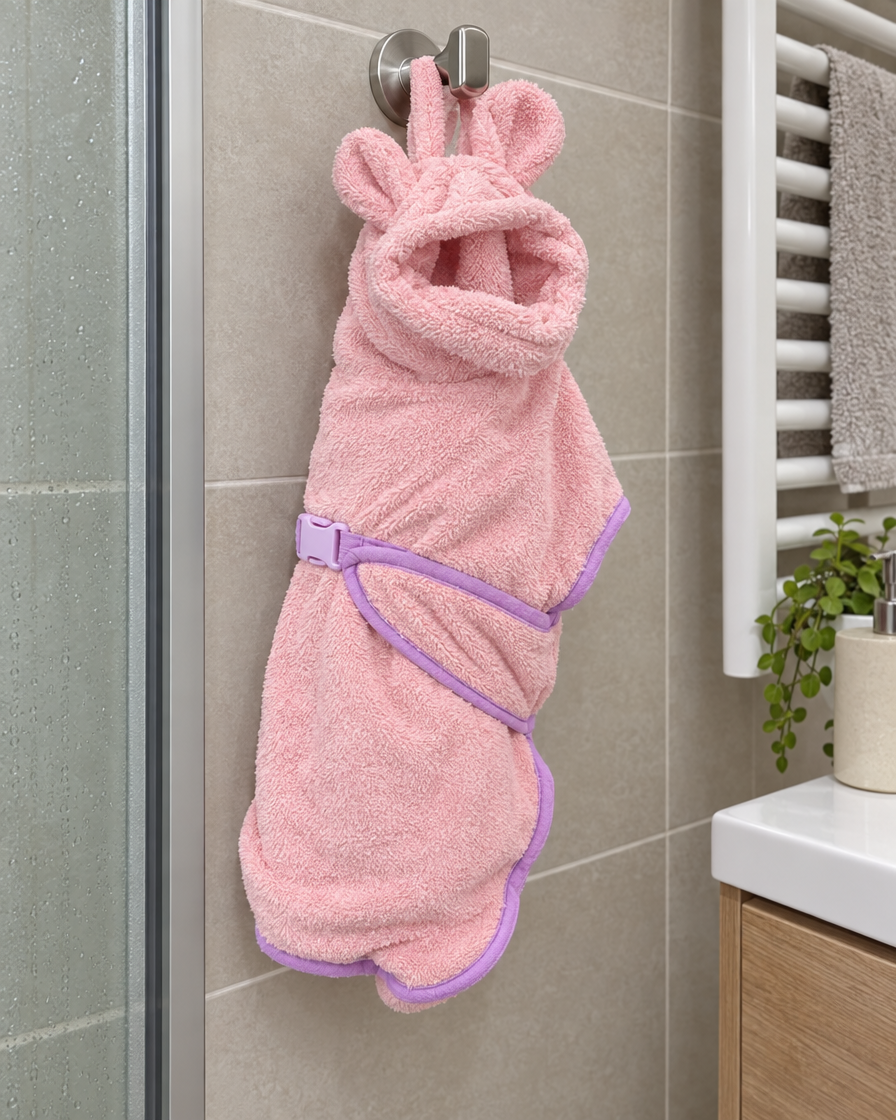 Peignoir de bain rose pour chien suspendu dans la salle de bain