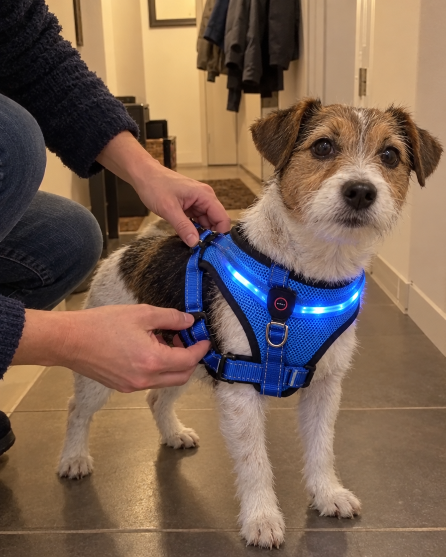 Mise en place du harnais lumineux LED sur un chien