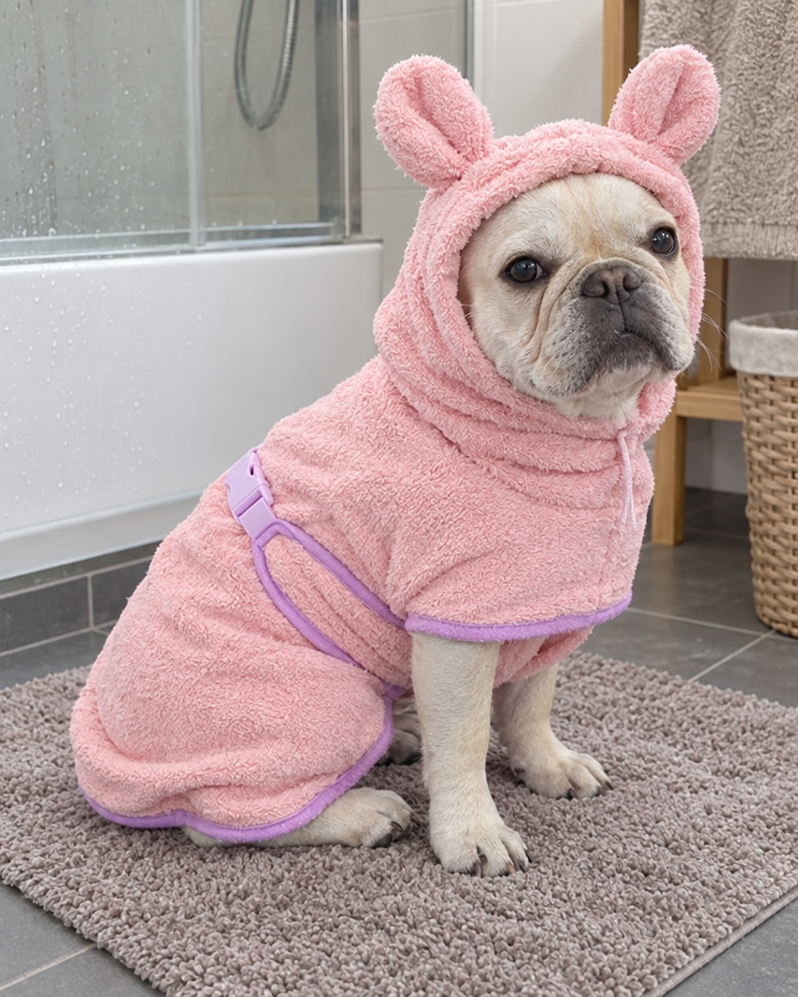 Bouledogue français en peignoir de bain après le bain