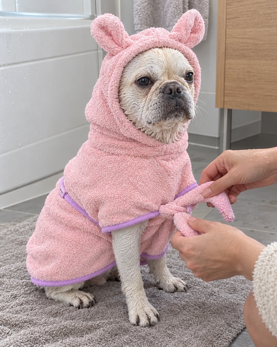 Enfiler le peignoir pour chien avec sa ceinture