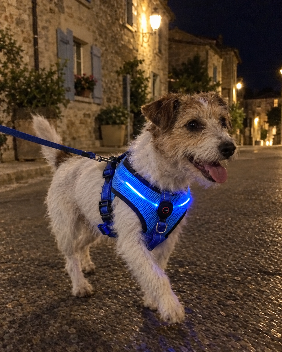 Chien en promenade de nuit avec harnais lumineux LED