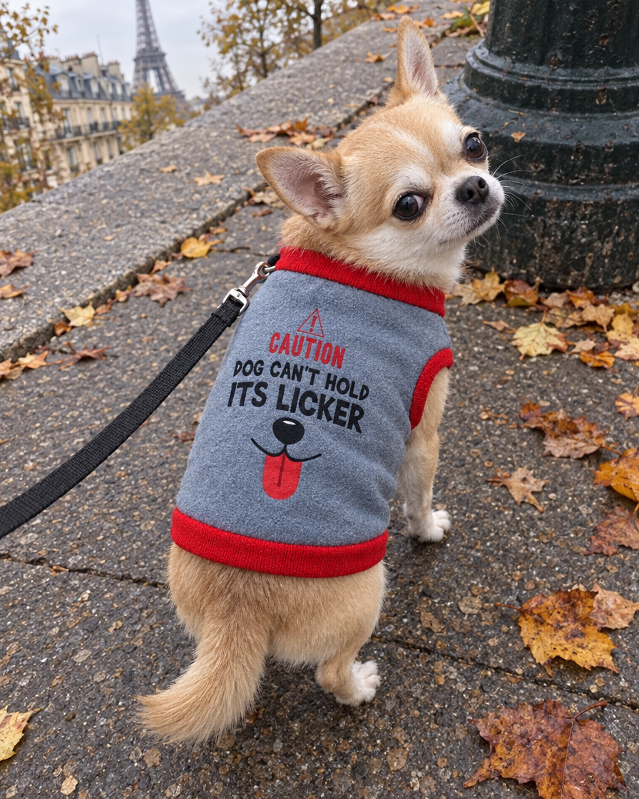 Chihuahua en pull polaire en balade à Paris