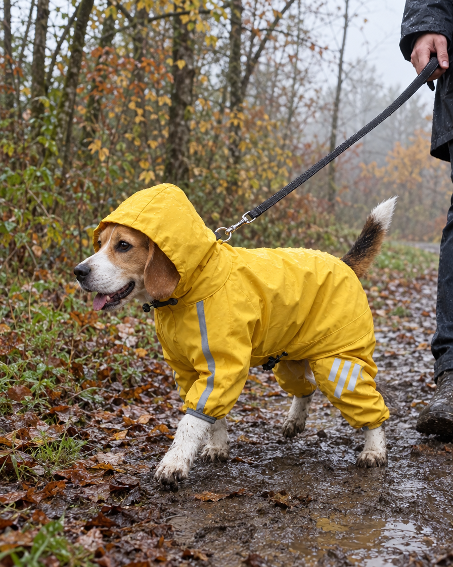 Beagle en imperméable à capuche en forêt