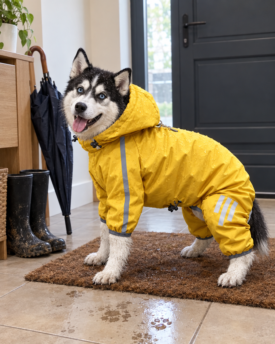 Chien sec au retour de balade grâce à son imperméable