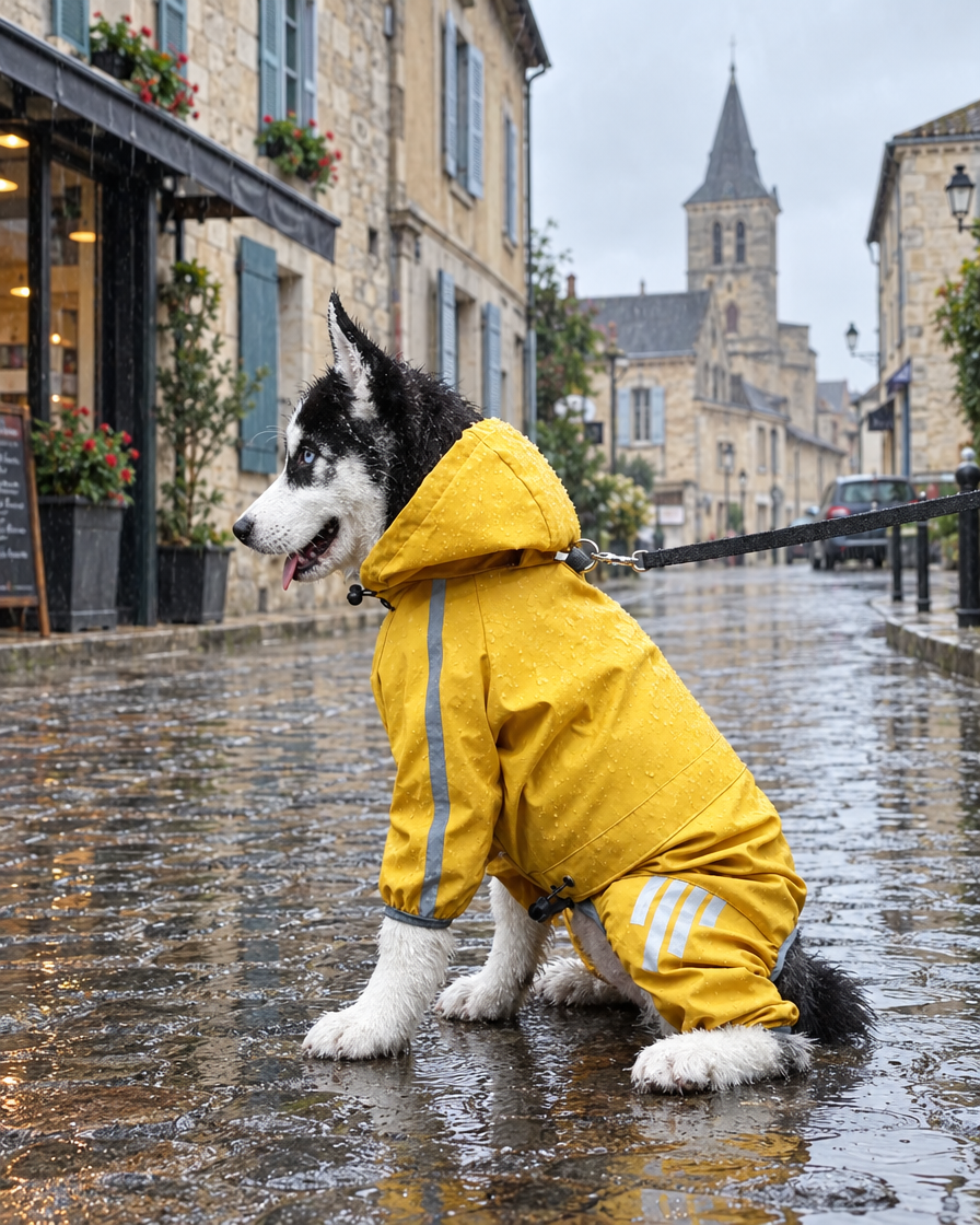 Chien en imperméable jaune intégral sous la pluie
