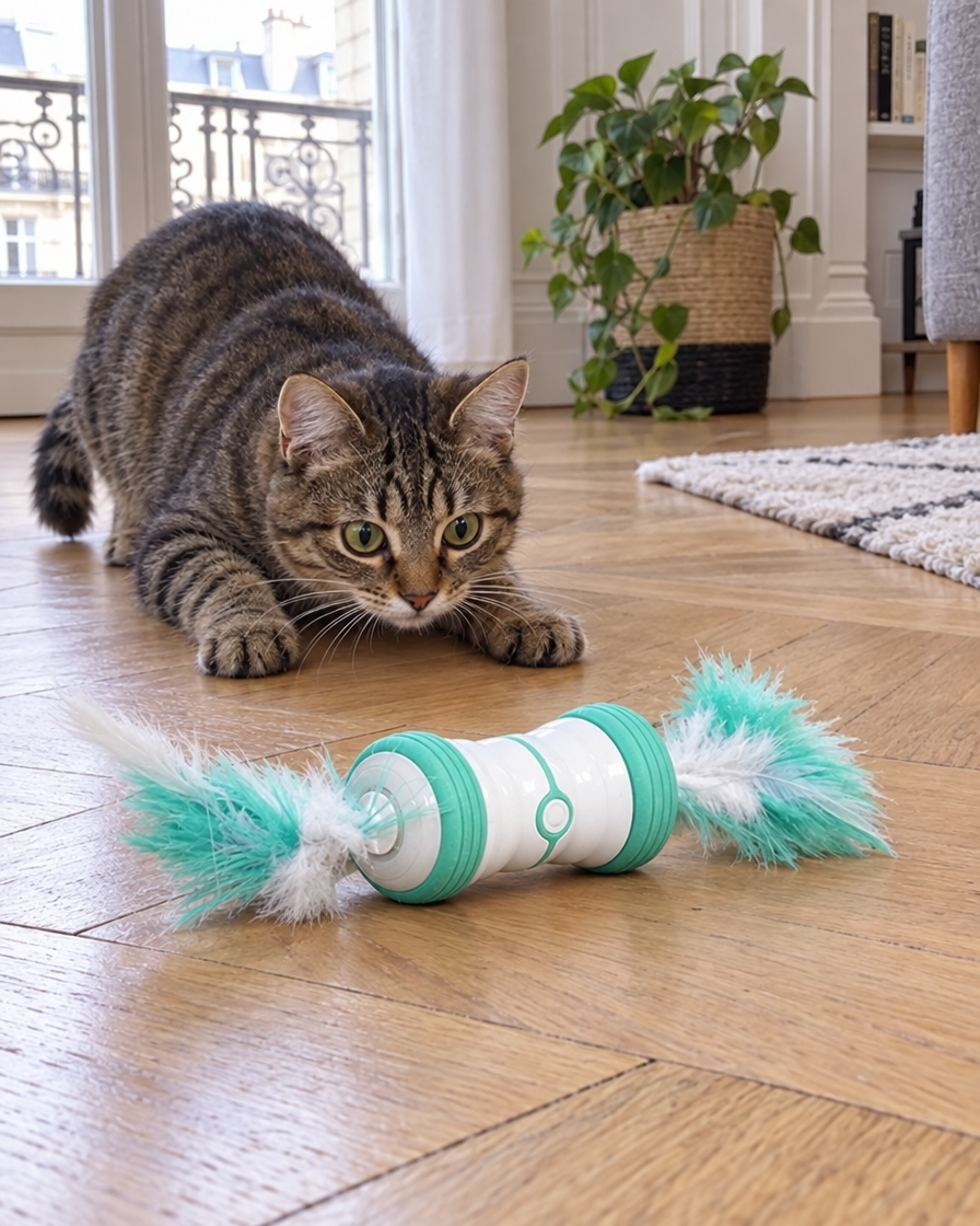 Chat tigré prêt à bondir sur le jouet roulant à plumes