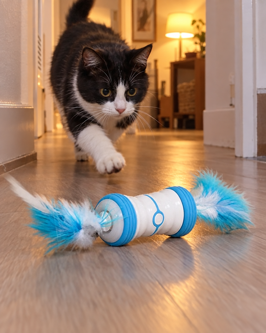 Chat noir et blanc chassant le jouet roulant