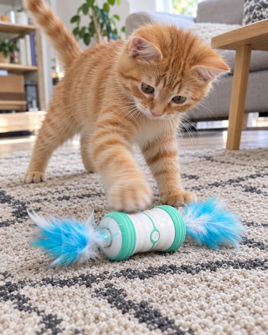 Chaton roux jouant avec le jouet électrique à plumes