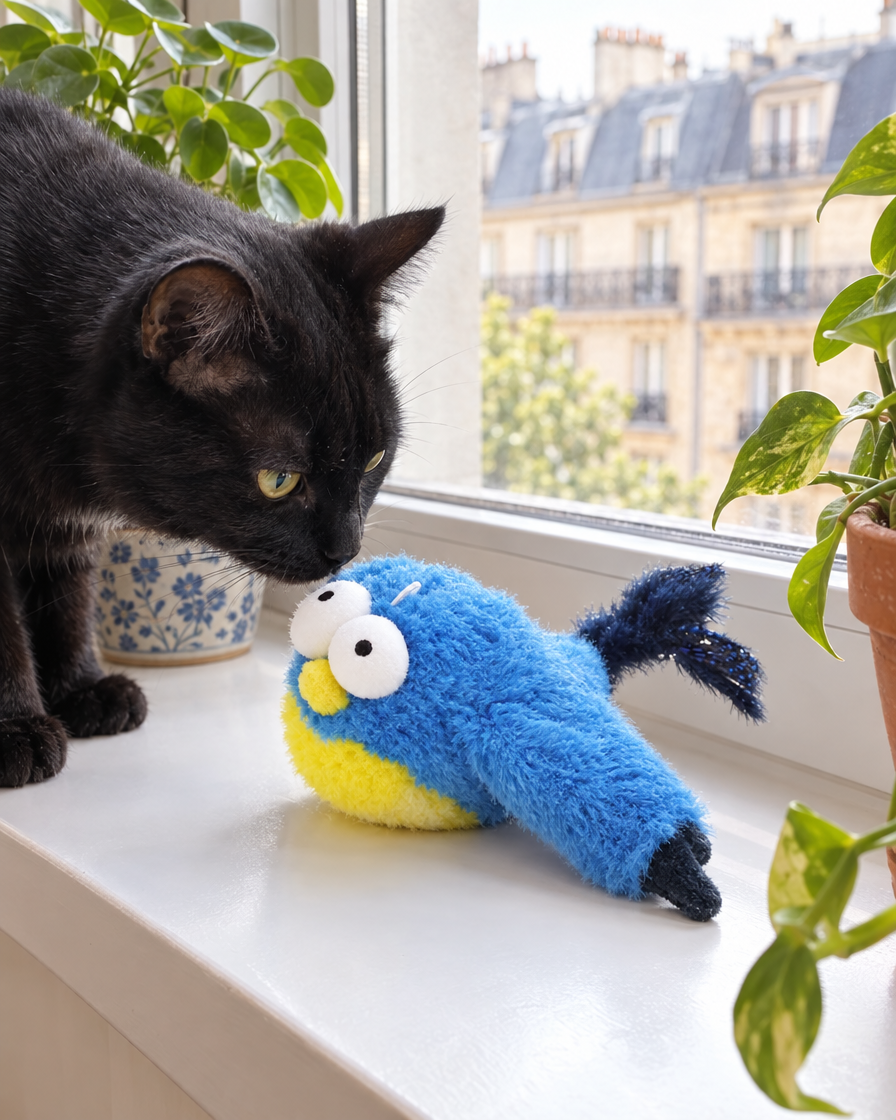 Chat noir reniflant l'oiseau interactif