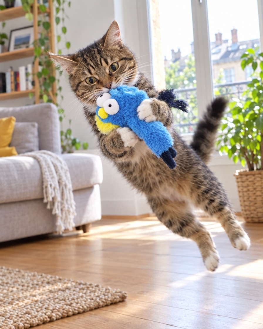Chat tigré sautant sur l'oiseau en peluche