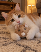Chat roux et blanc tenant la souris en peluche