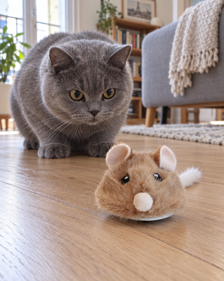 Chat gris face à la souris électrique interactive