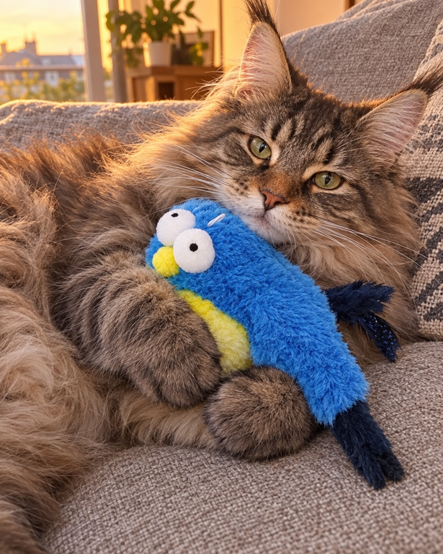 Maine Coon câlinant l'oiseau en peluche