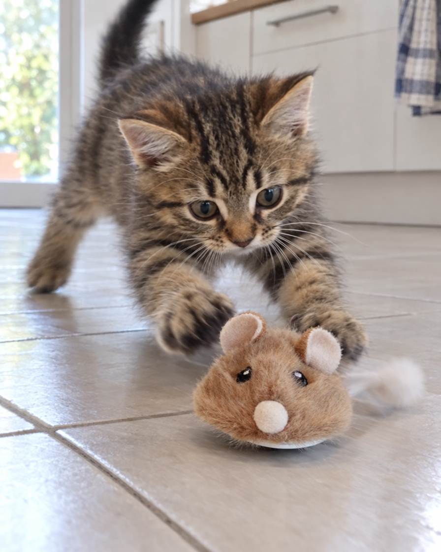 Chaton bondissant sur la souris électrique