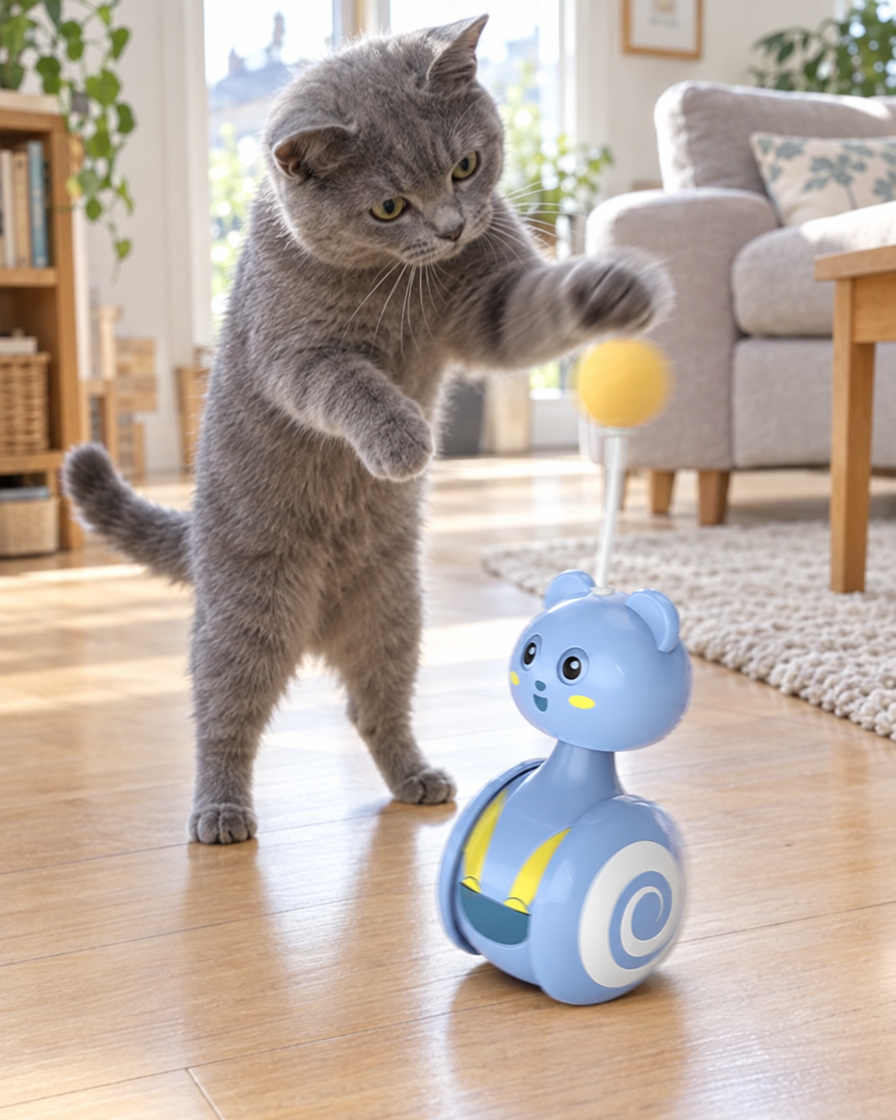 Chat gris debout tapant la balle du culbuto