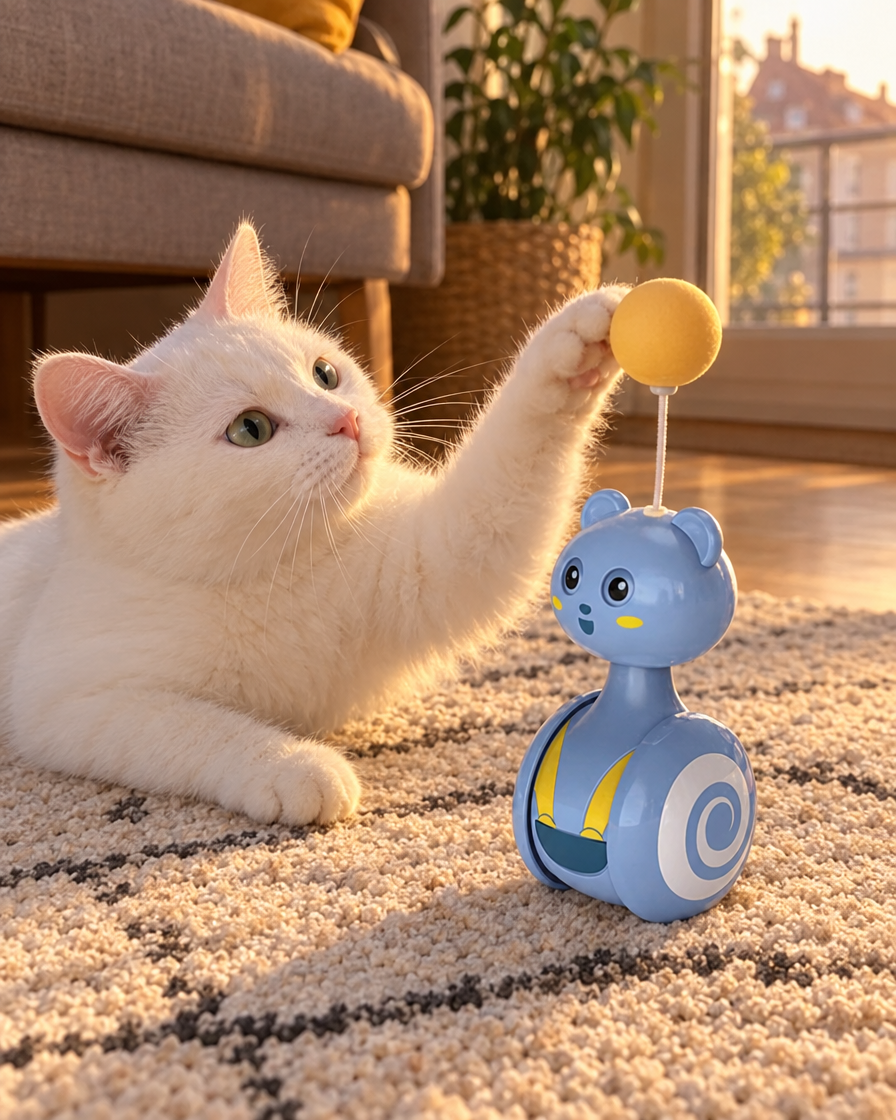 Chat blanc jouant avec le culbuto sur un tapis