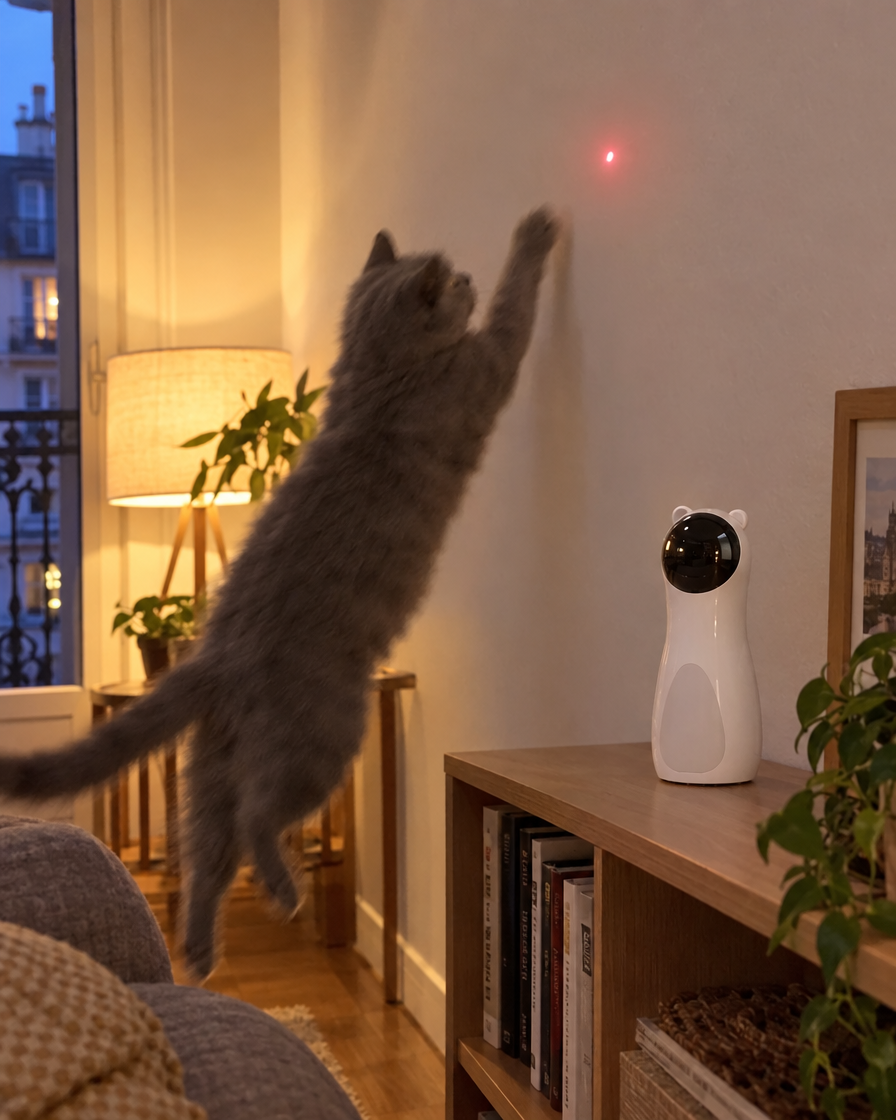 Chat gris sautant sur le point laser au mur