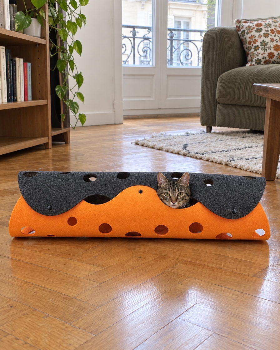 Chat caché dans le tunnel en feutre avec hublots