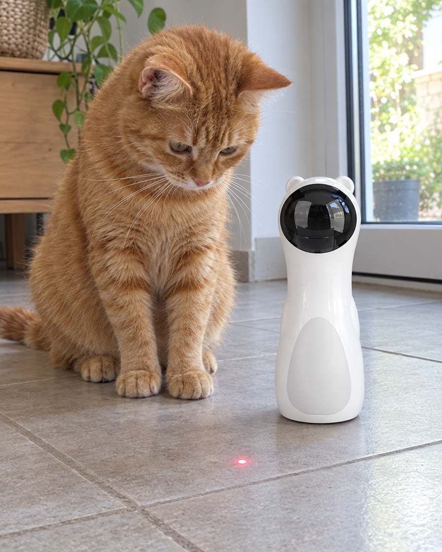 Chat roux assis à côté du laser automatique