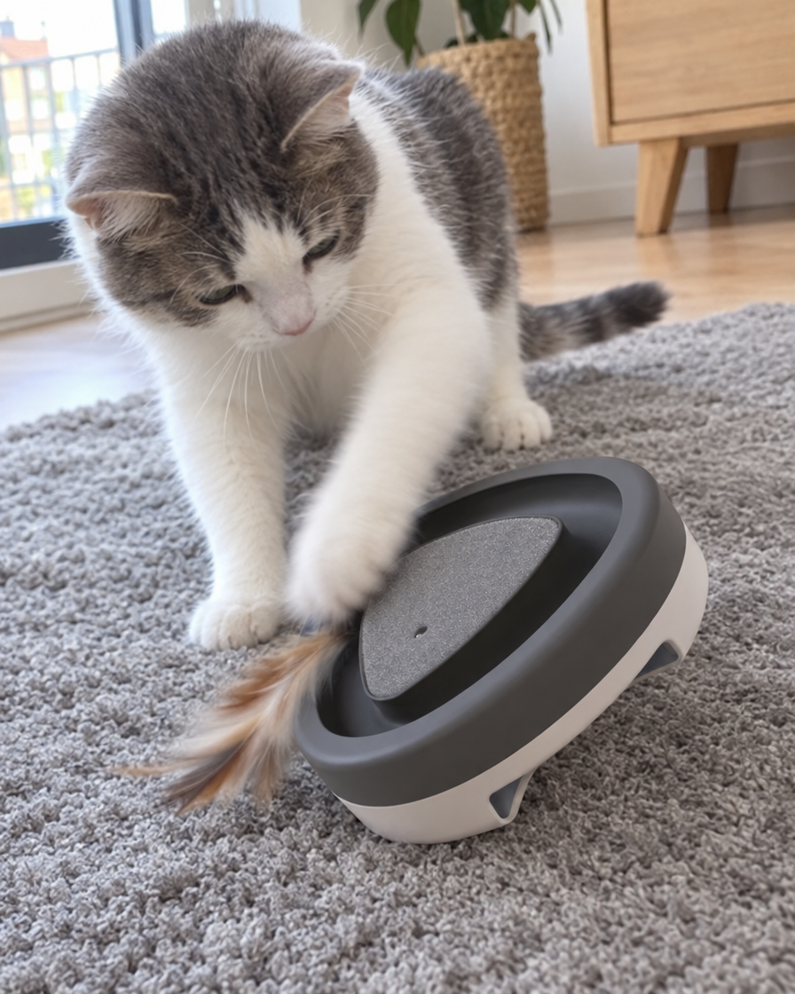 Chat attrapant la plume qui surgit du jouet