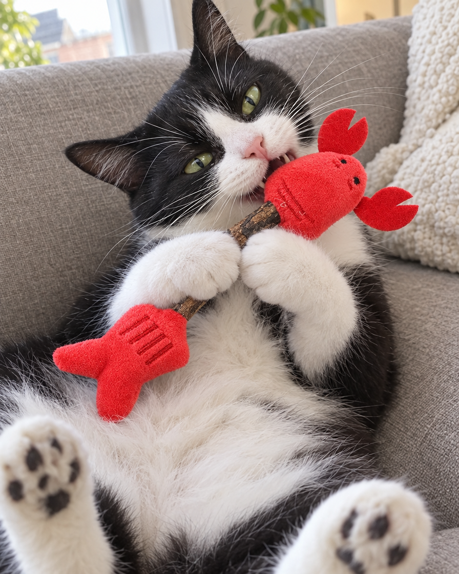 Chat noir et blanc mordillant le bâton de matatabi