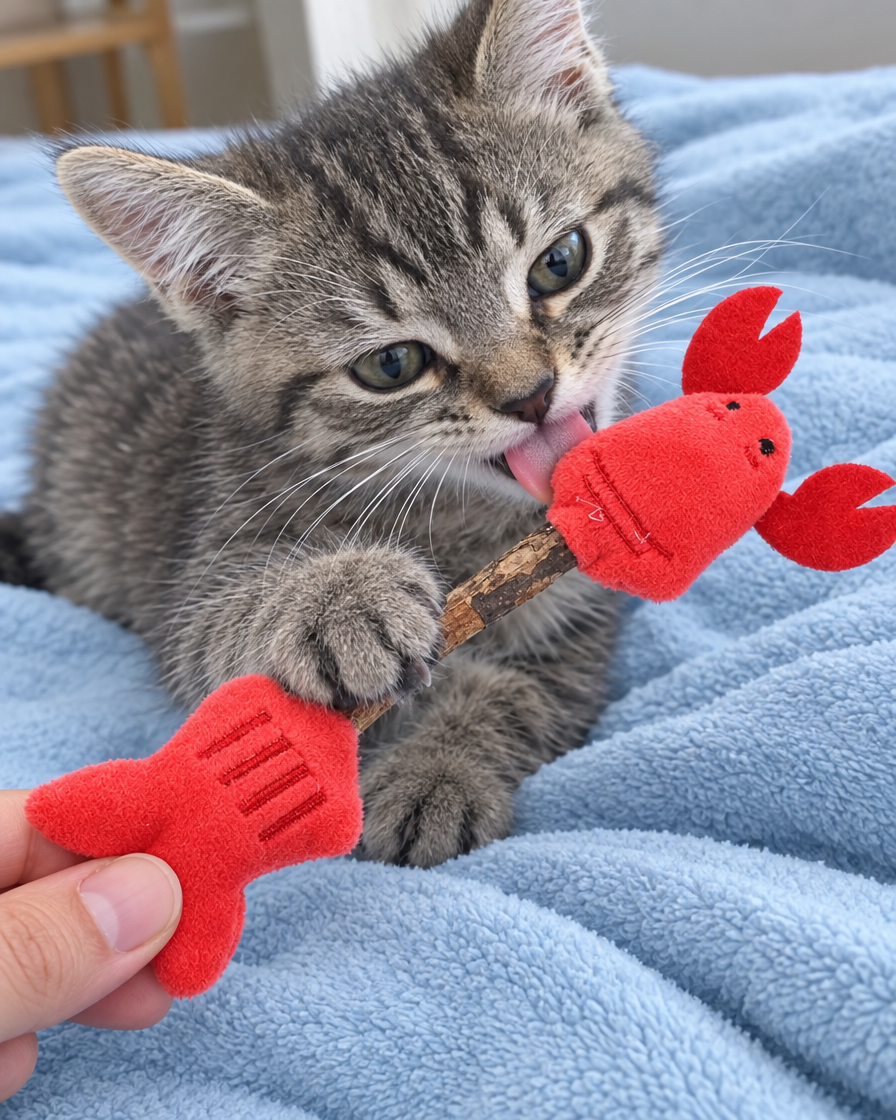 Chaton léchant le bâton de matatabi homard