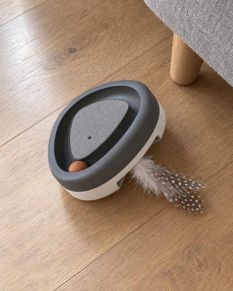Plateau interactif à plume pour chat gris