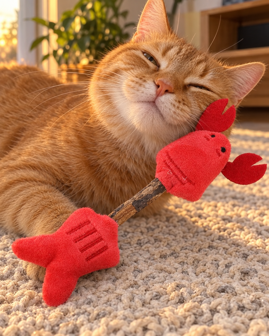 Chat roux se frottant au bâton de matatabi