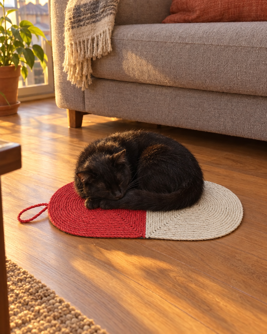 Chat noir dormant sur le tapis en sisal