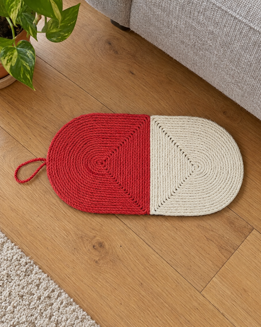 Tapis griffoir ovale en sisal rouge et naturel